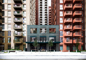modern block of flats, geometric balconies, FUTON & FIFTH, building entrance, tall buildings, colourful residential buildings.
